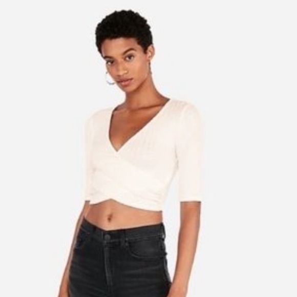 Express Ivory White Ribbed V-Neck Surplice Wrap Crossover Cropped Top - Picture 1 of 5
